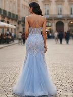 Light Blue Sweetheart Tulle Mermaid Prom Dress With Sequin Floral Embroidery