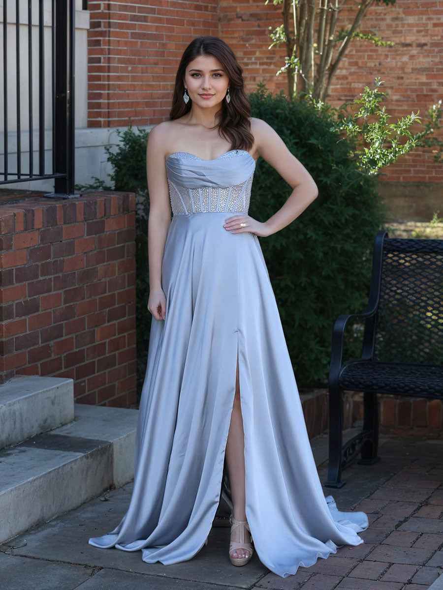 Silvery Blue Satin A Line Beaded Corset Prom Dress With Slit