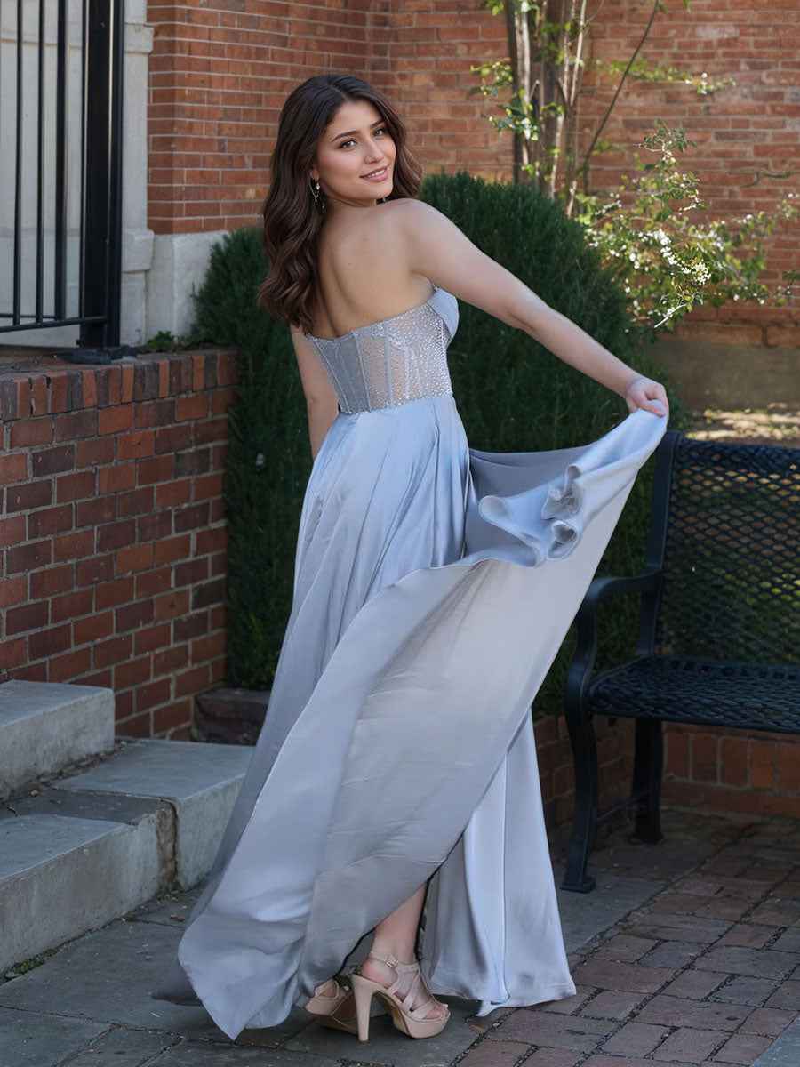 Silvery Blue Satin A Line Beaded Corset Prom Dress With Slit