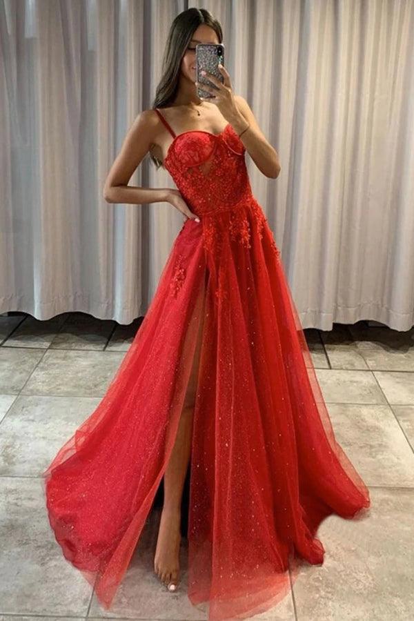 Vestidos de fiesta formales de tul brillante con encaje rojo y corte en A con escote en forma de corazón