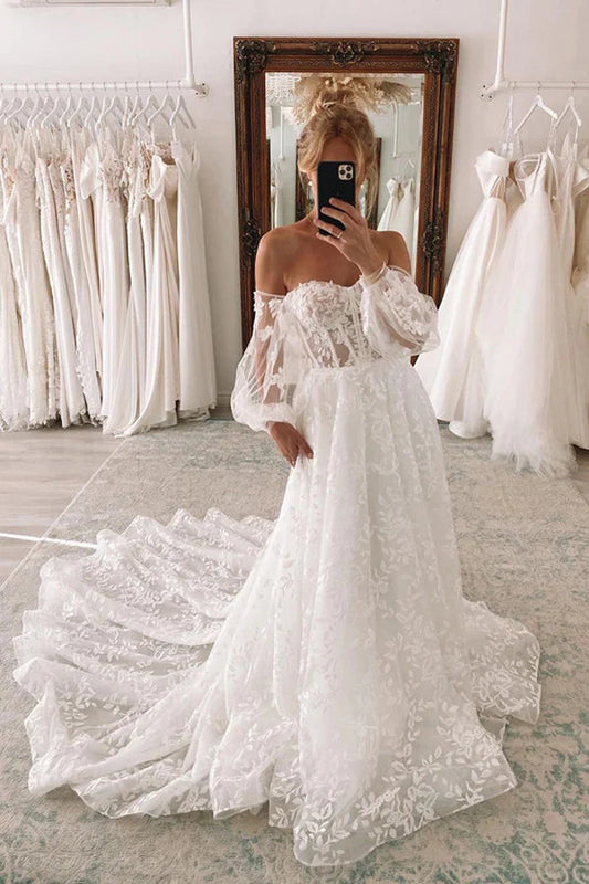 Ballkleid-Brautkleid aus Spitze mit Herzausschnitt und abnehmbaren Puffärmeln