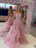 Sweetheart Strapless Beaded Corset Prom Dress With Tiered Ruffle Skirt