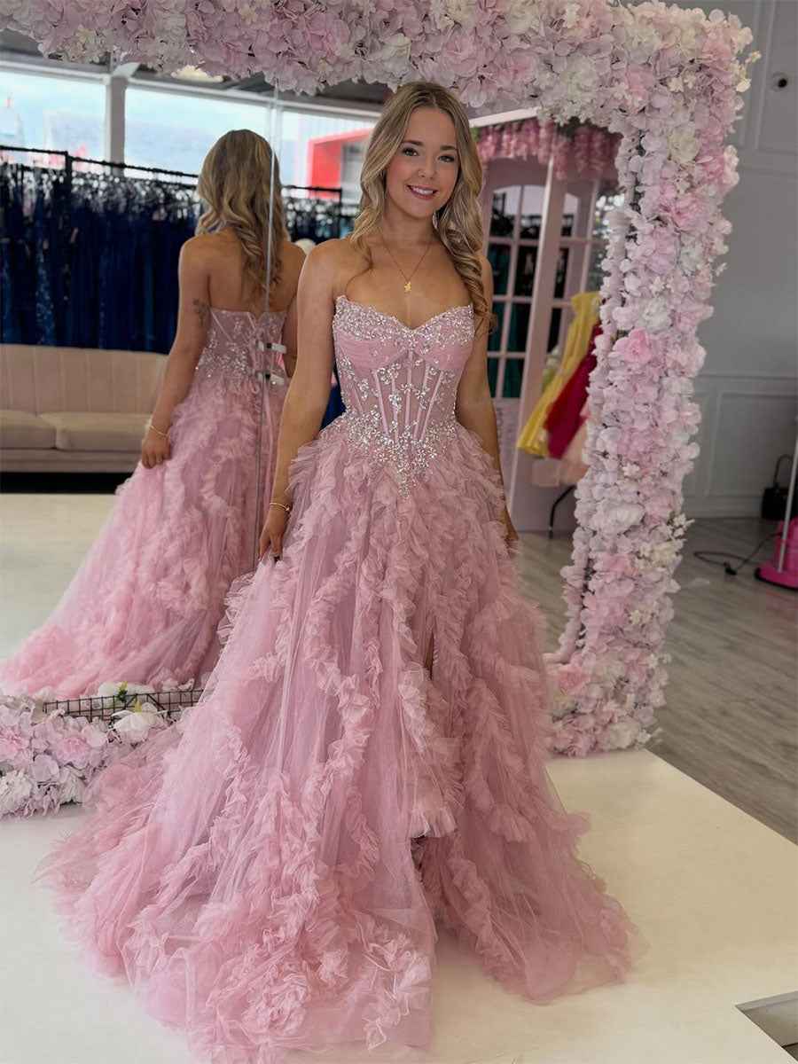 Sweetheart Strapless Beaded Corset Prom Dress With Tiered Ruffle Skirt