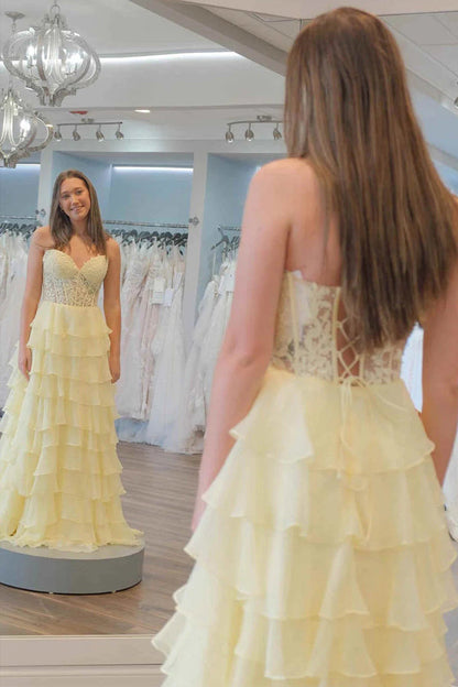 Vestidos de fiesta largos con corsé de gasa y encaje con escote corazón y volantes