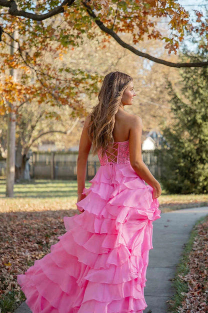 Vestidos de fiesta largos con corsé de gasa y encaje con escote corazón y volantes