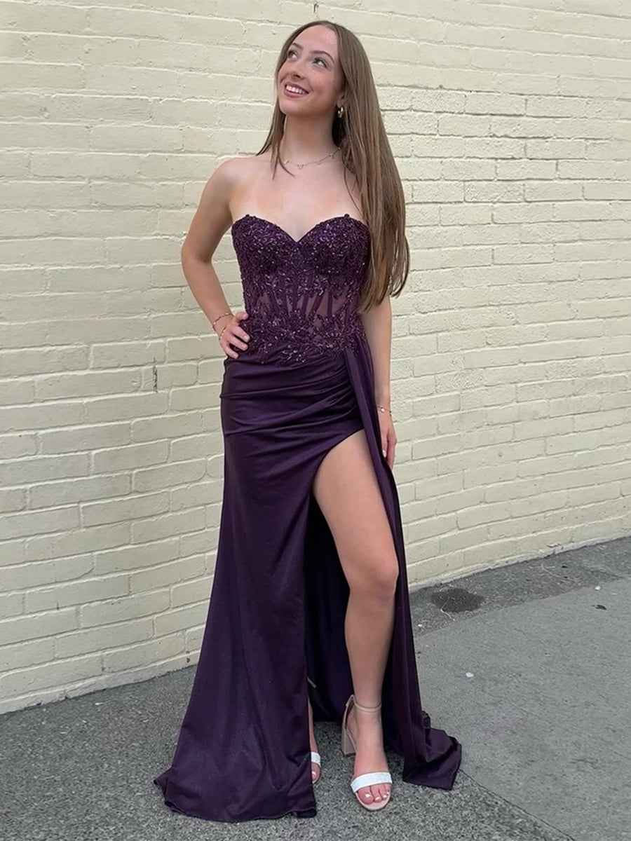 Sweetheart Mermaid Appliqued Long Corset Prom Dress With Slit