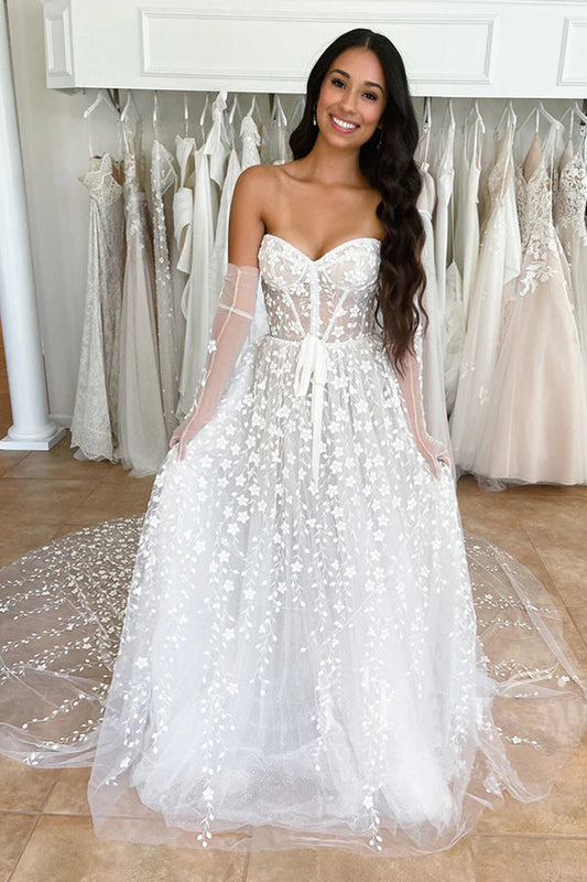 Sweetheart Neck A Line Delicated Lace Wedding Dress Boho Wedding Dress