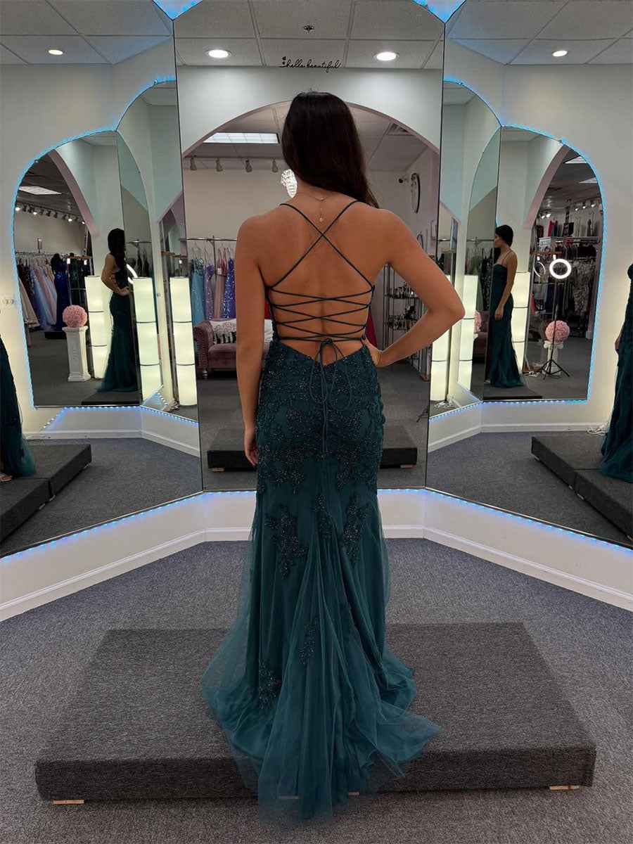 Deep Teal Sweetheart Strapless Floral Lace Prom Dress With High Slit