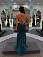 Deep Teal Sweetheart Strapless Floral Lace Prom Dress With High Slit