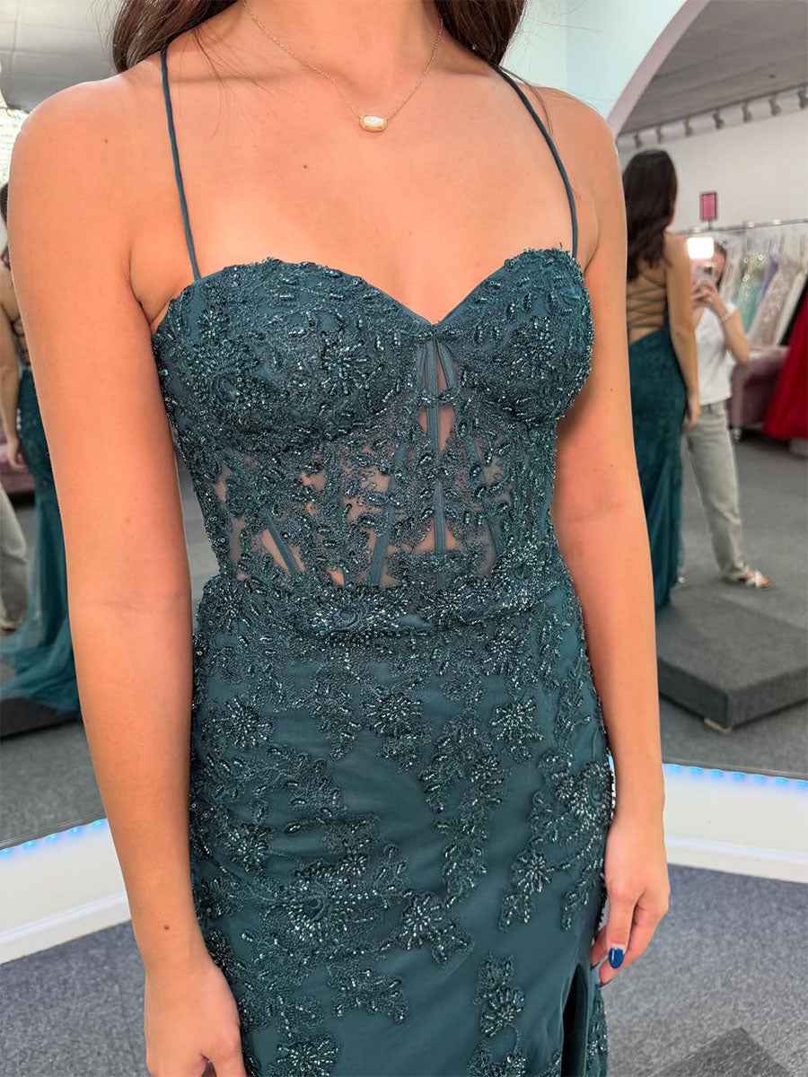 Deep Teal Sweetheart Strapless Floral Lace Prom Dress With High Slit