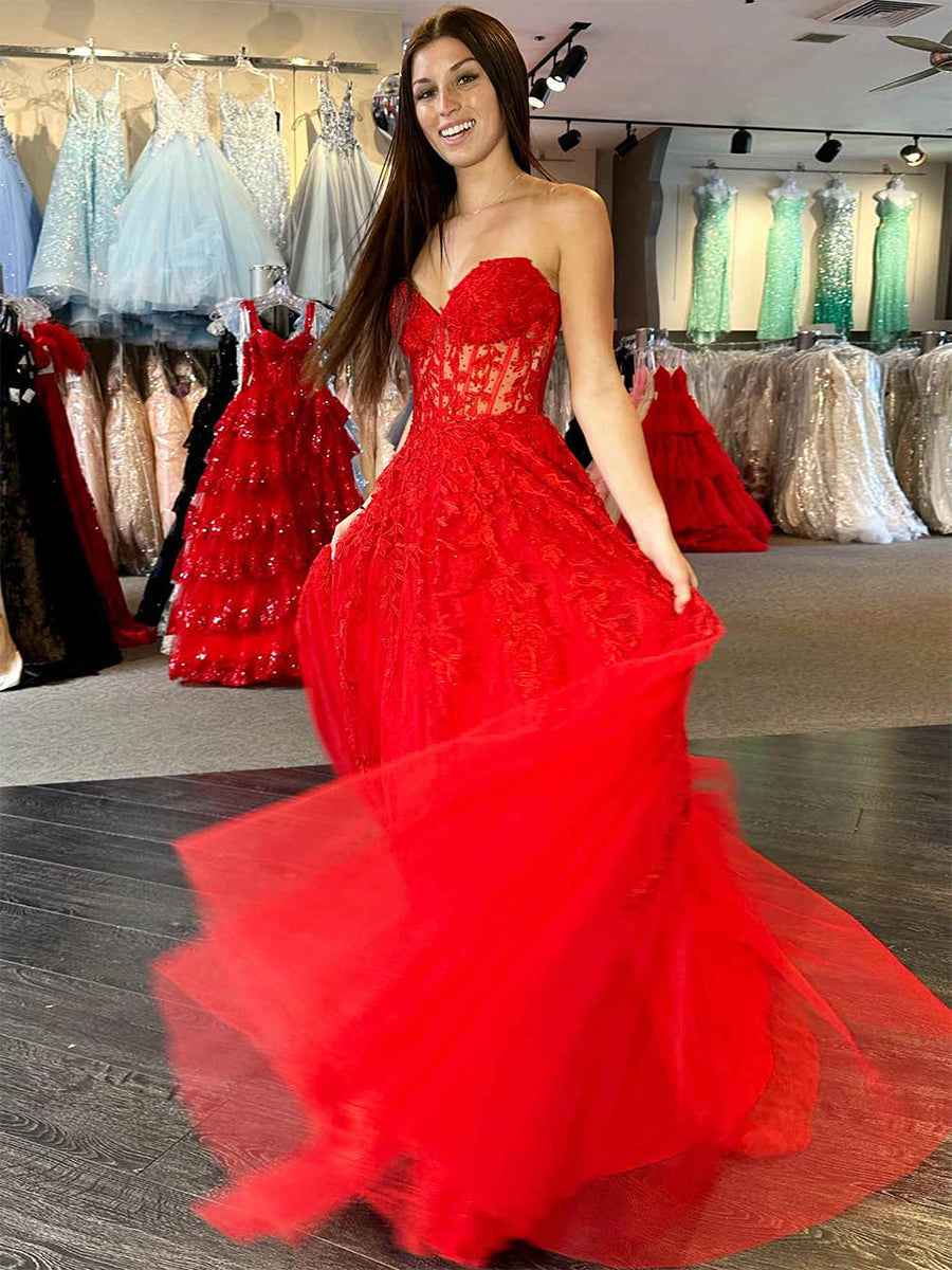 Lavender Sweetheart Strapless Lace Corset A Line Prom Dress Evening Gown