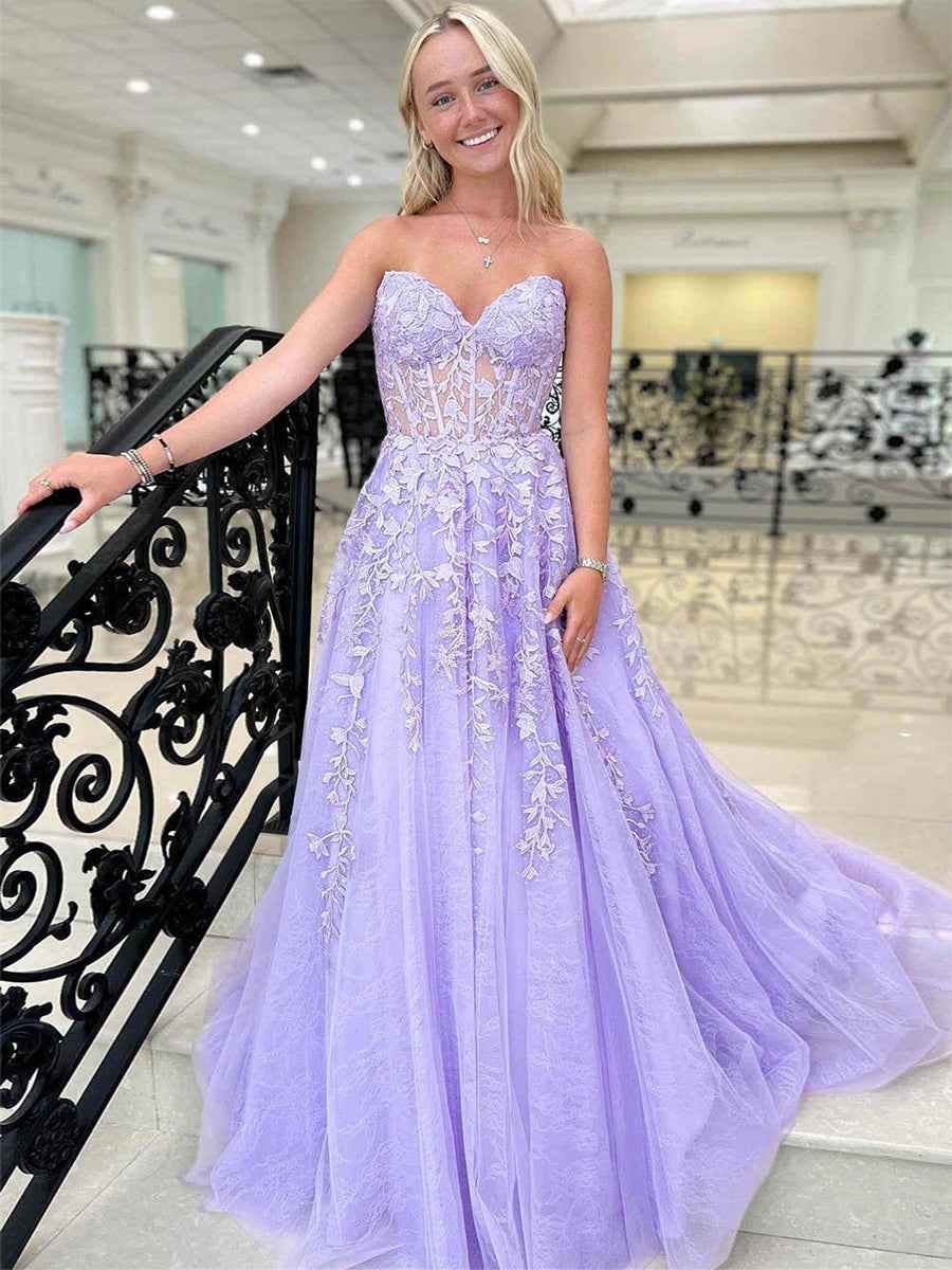 Lavender Sweetheart Strapless Lace Corset A Line Prom Dress Evening Gown