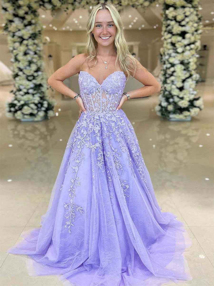 Lavender Sweetheart Strapless Lace Corset A Line Prom Dress Evening Gown