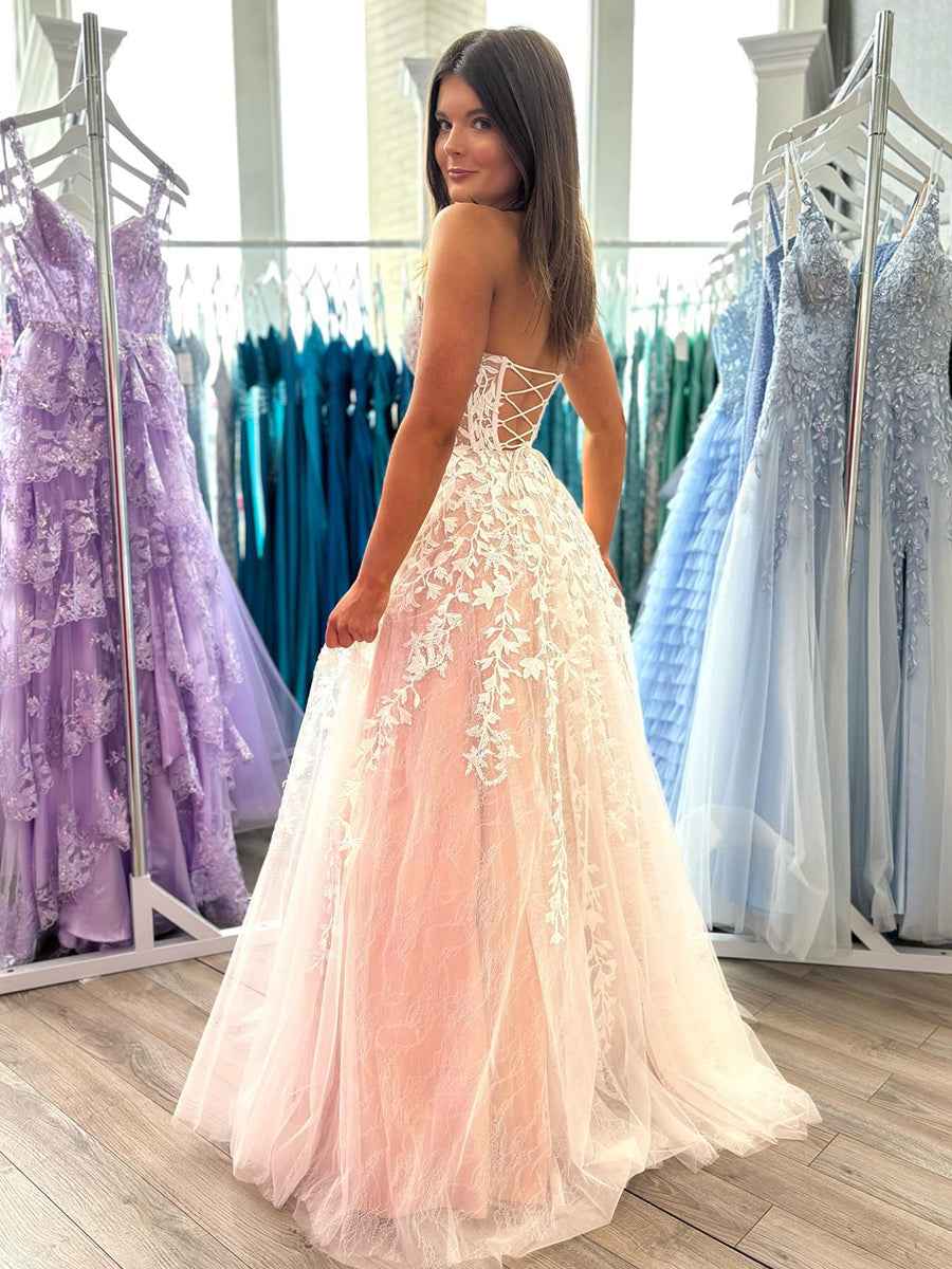 Lavender Sweetheart Strapless Lace Corset A Line Prom Dress Evening Gown