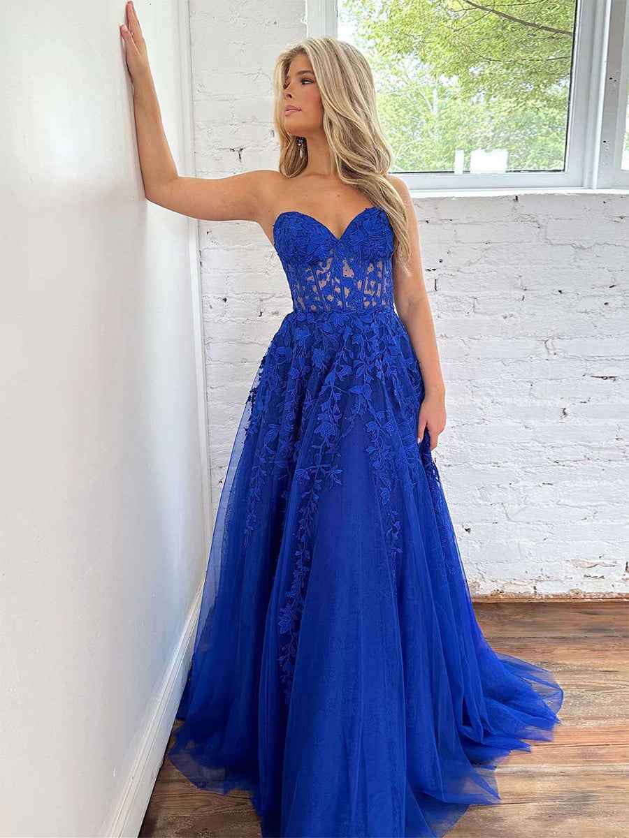 Lavender Sweetheart Strapless Lace Corset A Line Prom Dress Evening Gown