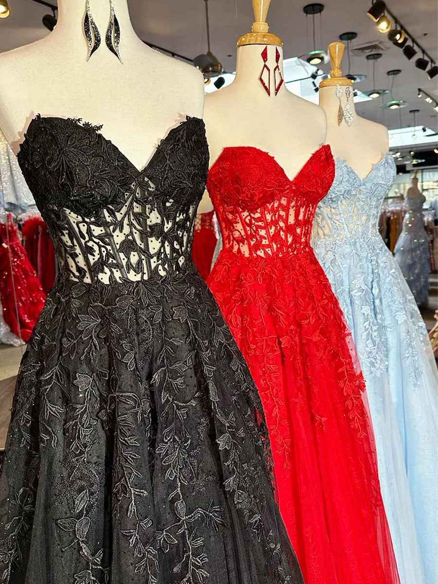 Lavender Sweetheart Strapless Lace Corset A Line Prom Dress Evening Gown