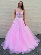 Pink Sweetheart Strapless Long Corset Prom Dress With Floral Appliques