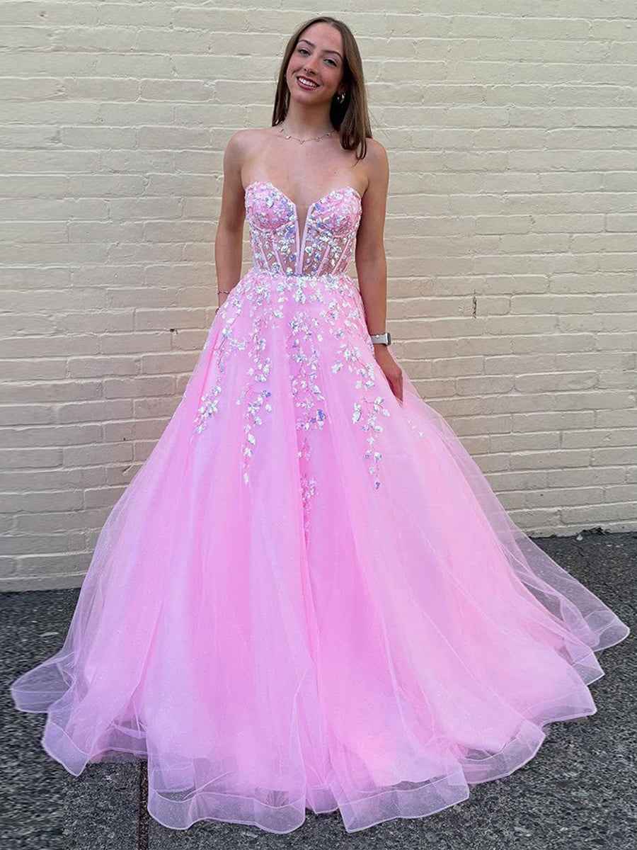 Pink Sweetheart Strapless Long Corset Prom Dress With Floral Appliques