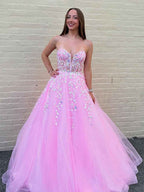 Pink Sweetheart Strapless Long Corset Prom Dress With Floral Appliques