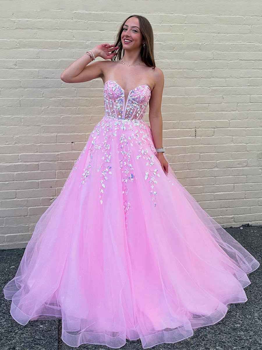 Pink Sweetheart Strapless Long Corset Prom Dress With Floral Appliques