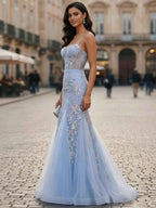 Light Blue Sweetheart Tulle Mermaid Prom Dress With Sequin Floral Embroidery