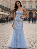 Light Blue Sweetheart Tulle Mermaid Prom Dress With Sequin Floral Embroidery
