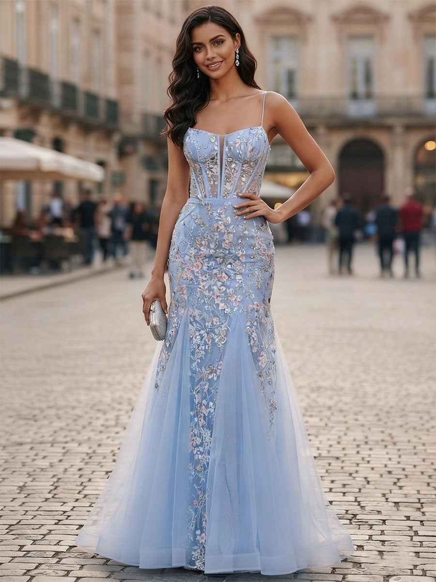 Light Blue Sweetheart Tulle Mermaid Prom Dress With Sequin Floral Embroidery