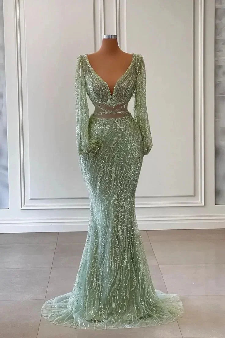 Abito da sera verde chiaro a maniche lunghe con scollo a V e coda di sirena, decorato con paillettes e perline Y6659