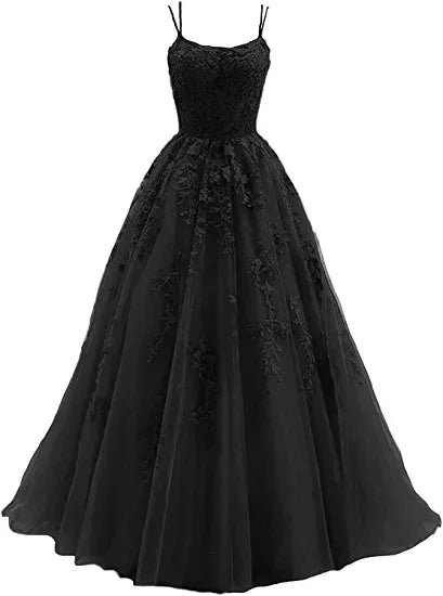 Abito lungo da sera formale principessa con spalline sottili, pizzo applicato, tulle, abito da sposa Y1202
