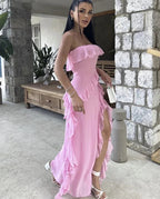 Pretty Pink Strapless Ruffle Slit Evening Dress Long Birthday Prom Dress Y8203