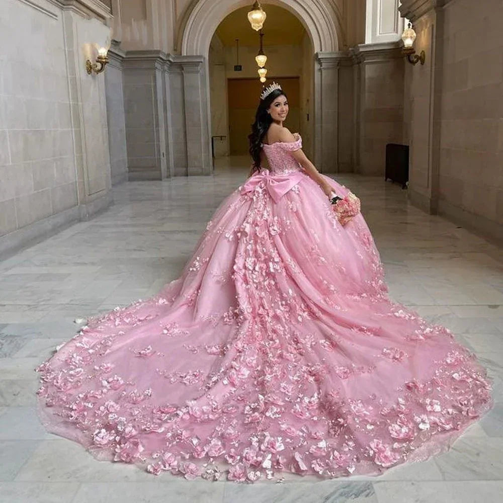 Robe de bal rose à épaules dénudées pour Quinceañera avec appliques 3D et corset Y6791