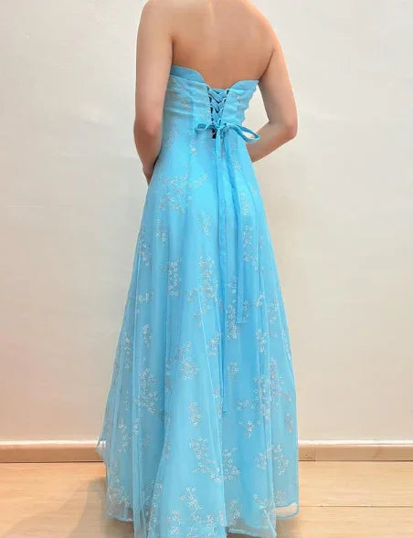 Vestido de Festa Azul com Lantejoulas Brilhantes, Sem Alças, Corte em A Y8140