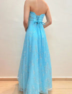 Vestido de Festa Azul com Lantejoulas Brilhantes, Sem Alças, Corte em A Y8140