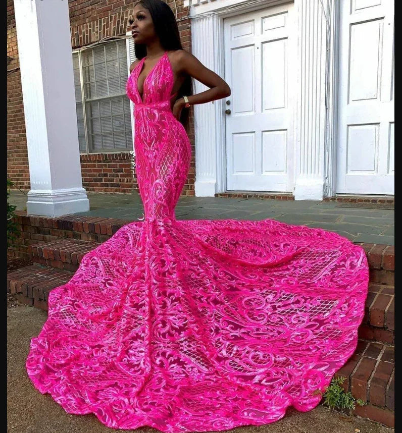 Abiti da sera lunghi da donna in pizzo nero e fucsia, abiti da ballo africani Y873