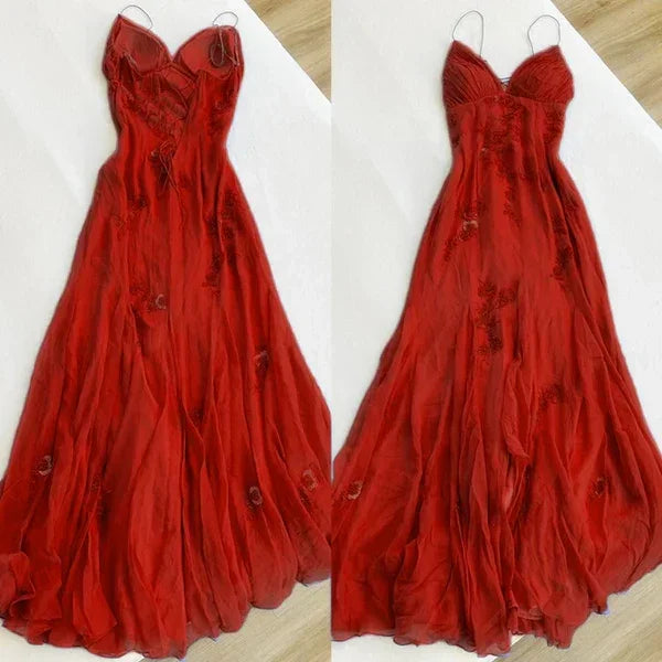Elegante Abito Lungo da Sera con Spalline Sottili in Chiffon Blu per Festa e Ballo Y7457