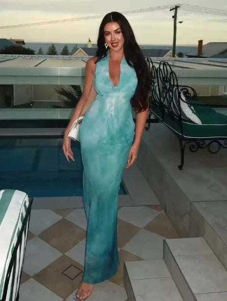 Elegante abito lungo da sera in chiffon blu stampato, senza schiena, modello da ballo Y8478