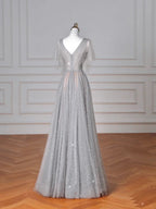 Abito da sera grigio scintillante in tulle con paillettes, linea a trapezio, scollo a V sensuale Y8638