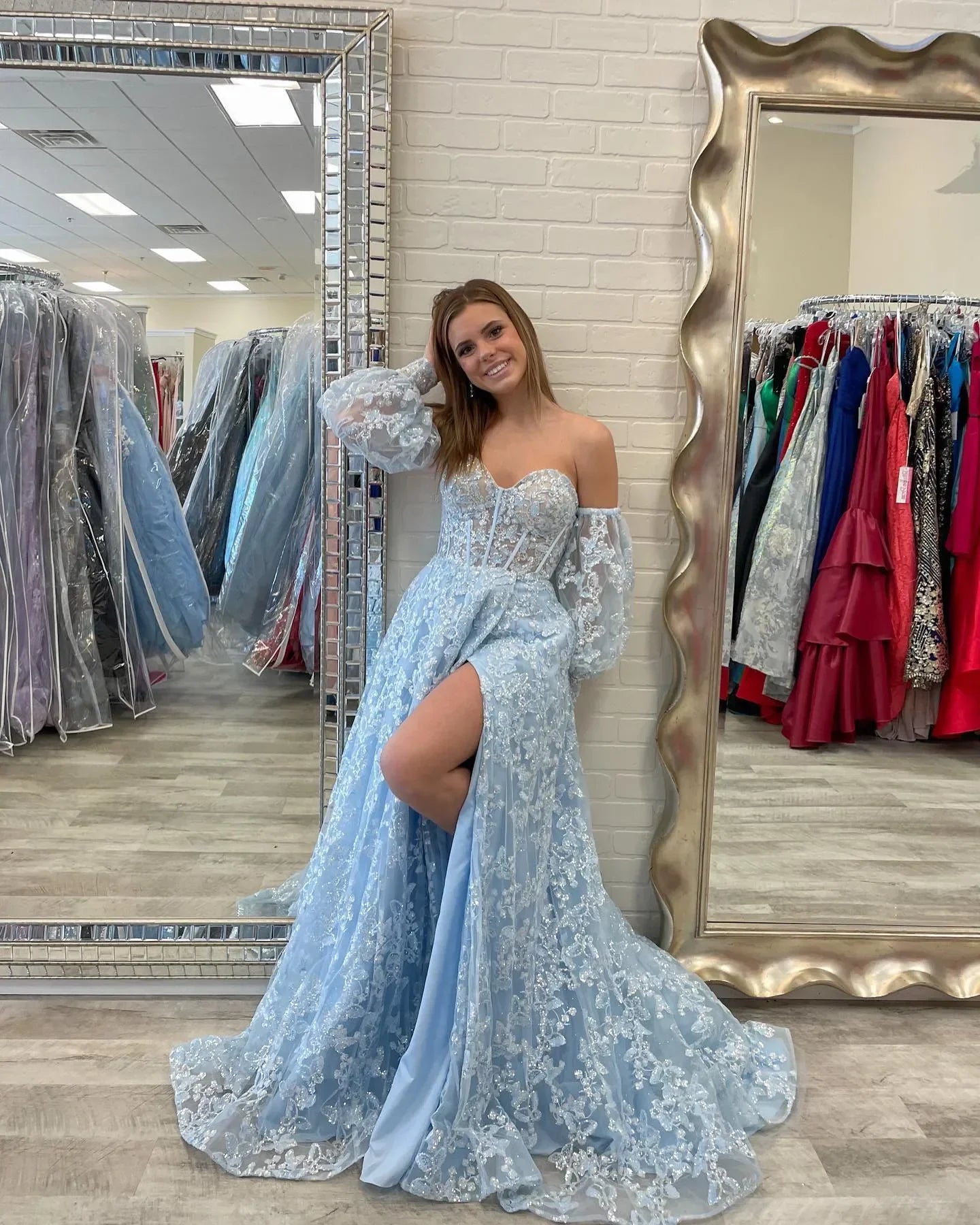 Abito lungo da sera con corpetto scintillante da principessa, maniche a sbuffo in pizzo, abito da ballo con maniche staccabili Y1805