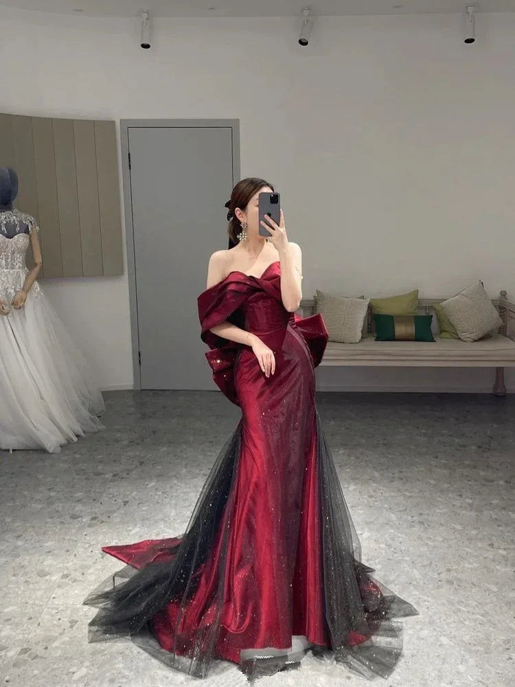 Abito da sera romantico color bordeaux con scollo a barca Abito da ricevimento Y4416