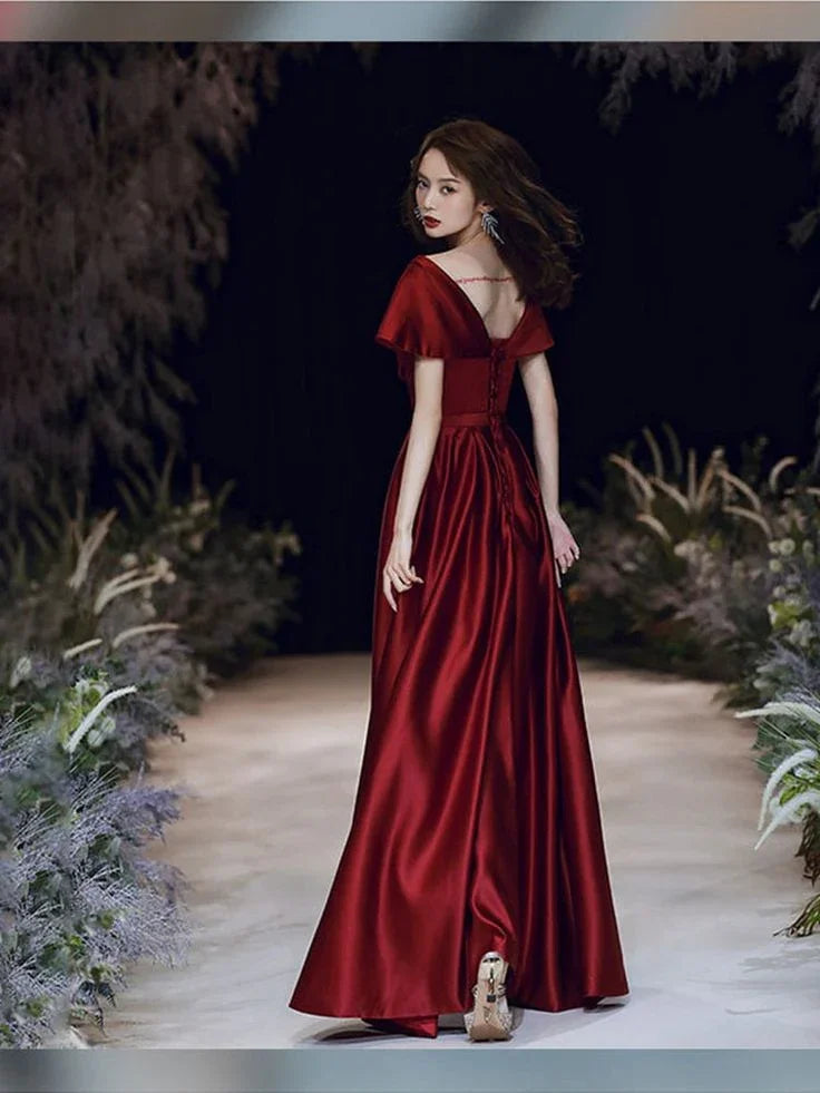 Vestido de noite em linha A, decote em V, vestido de baile curto com mangas curtas, vestido longo de cetim formal para mulher, vestido feito à medida Y4574