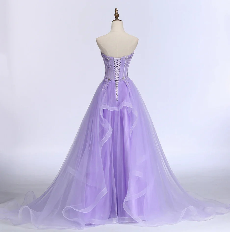 Nuovo Dolce Banchetto Abito Lungo da Sera in Pizzo Viola Chiaro La Sposa Elegante Senza Spalline a Linea A Abito da Ballo Formale per Festa Y1845