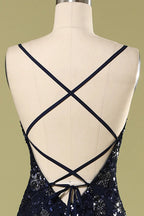 Abito da sera blu marina con perline e paillettes, elegante abito da ballo Y1832