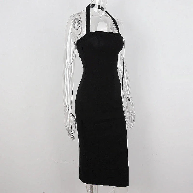 Abito da sera nero da donna con collo all'americana e spacco, abito elegante nero senza maniche Y1161