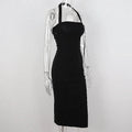 Abito da sera nero da donna con collo all'americana e spacco, abito elegante nero senza maniche Y1161
