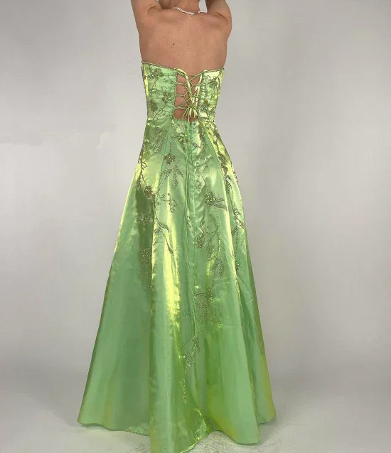 Abito da sera verde in raso senza spalline con perline, linea a trapezio, modello Y8412