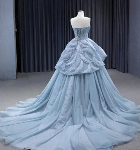 Glänzendes blaues Prinzessinnenkleid mit Herzausschnitt aus Tüll, blaues Ballkleid, blaues Feenkleid Y6472
