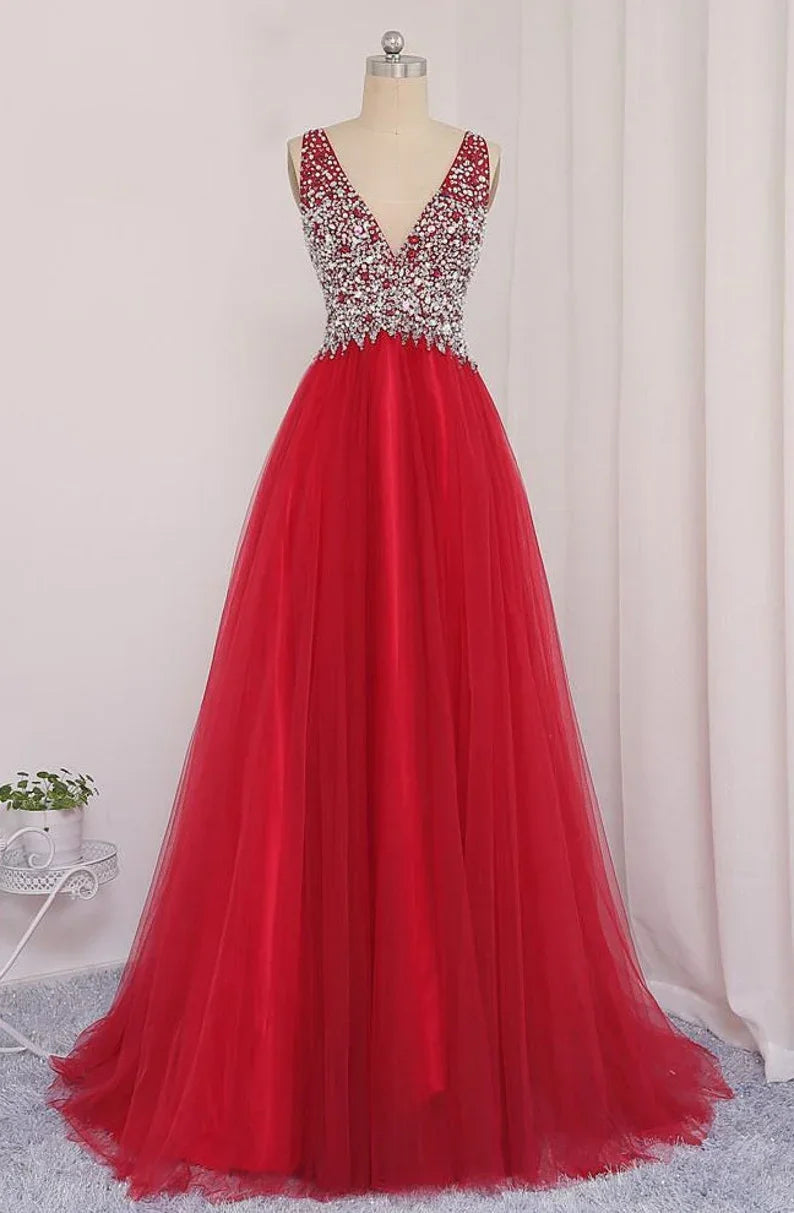 Abito da sera con scollo a V, gonna in tulle, abito per laurea, abito da festa formale, abiti per ballo di fine anno, abito per occasioni speciali Y792