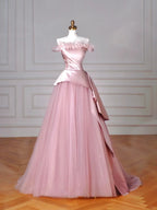 Elegantes Feder-Ballkleid ohne Träger aus Tüll und Satin in Rosa, A-Linie, Abschlussball- und Abendkleid Y8629