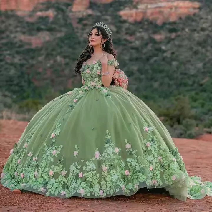 Robes de quinceañera vert sauge clair Robe de bal florale pour concours Sweet 16 Y2063