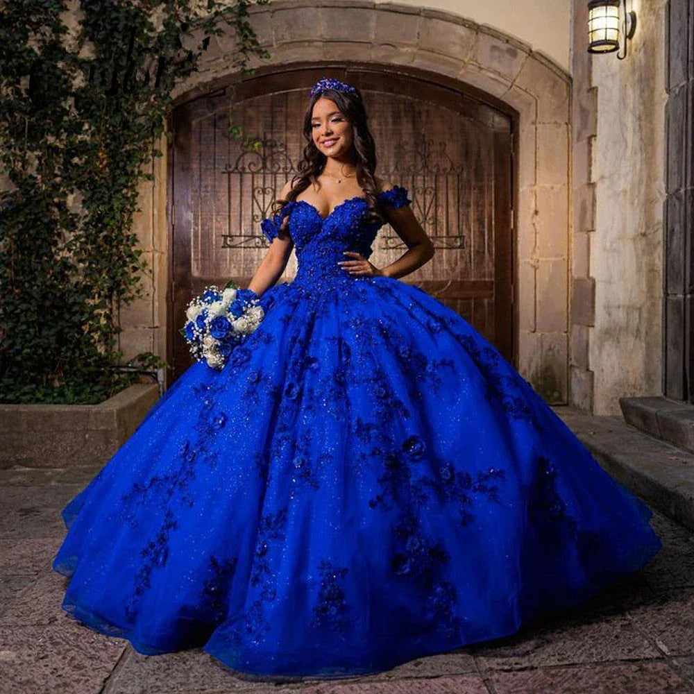 Vestidos de quinceañera azul real para dulce 15 años, vestido de bola abullonado con hombros descubiertos Y2726